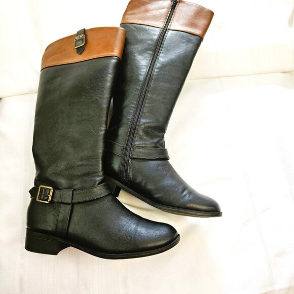 Salanz Shoes - Gretchen Solanz Women's  Knee High Two-Tone Brown and Black Riding Boots Size 8